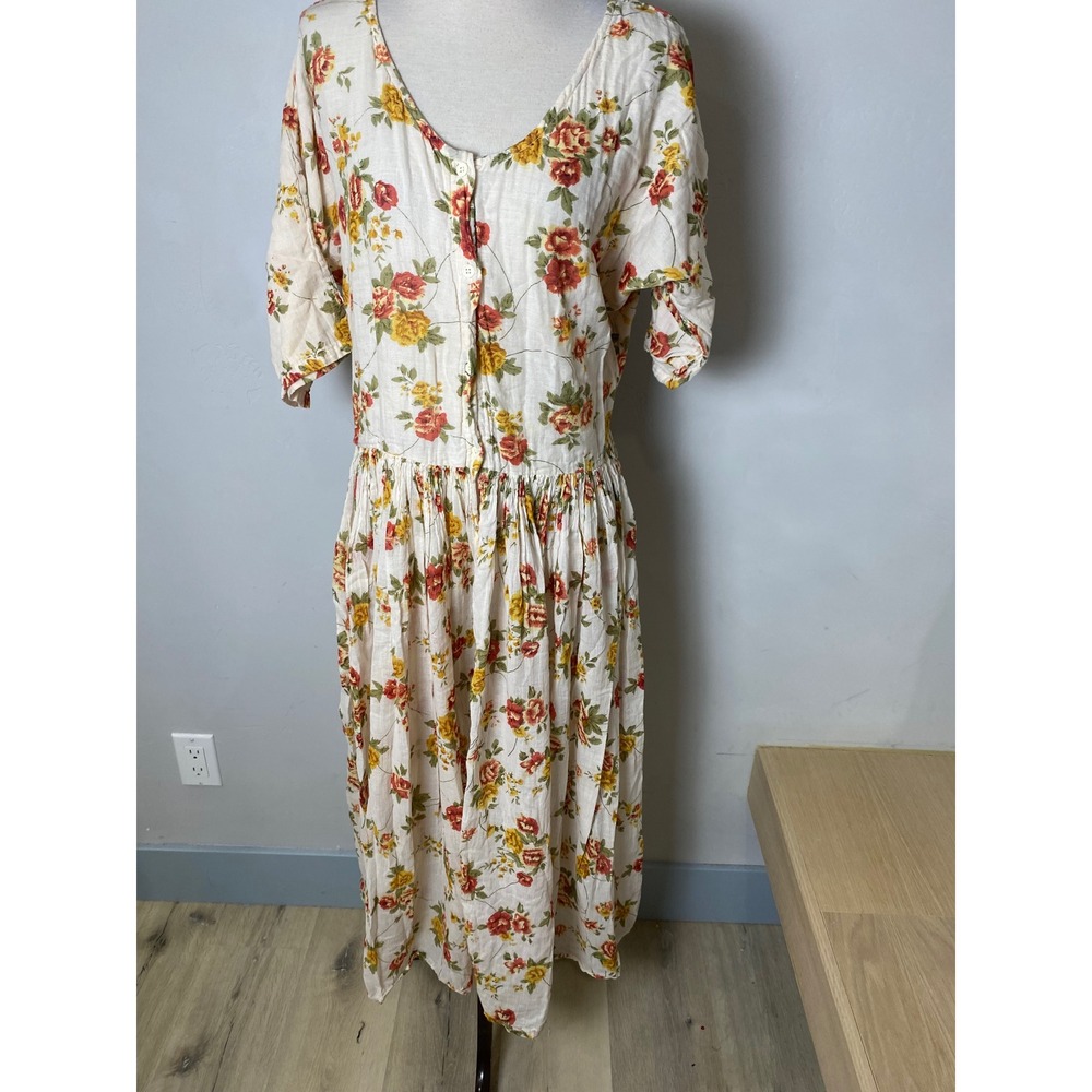Sita Vintage 90s Floral Cotton Maxi Dress Cream Red Yellow Boho Drop Waist L